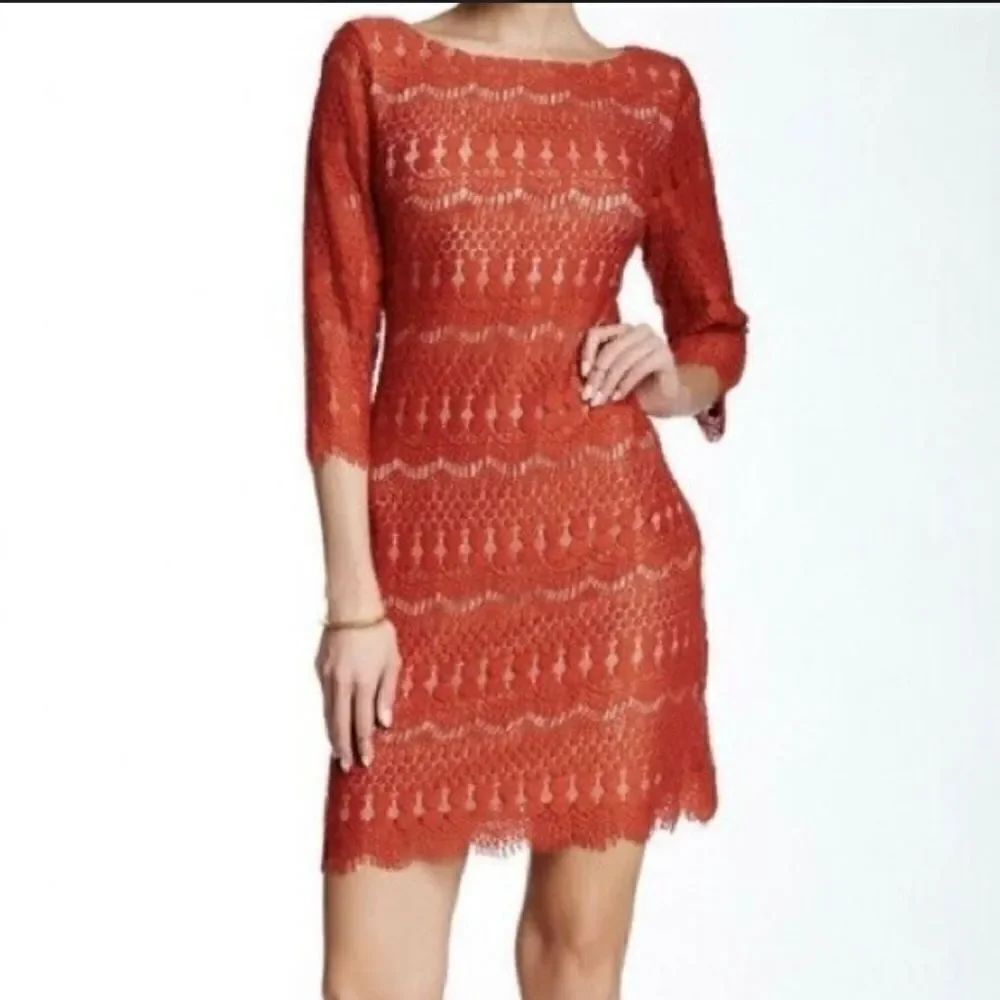 Eliza J Orange Embroidered Lace Overlay Boatneck Sheath Dress 6